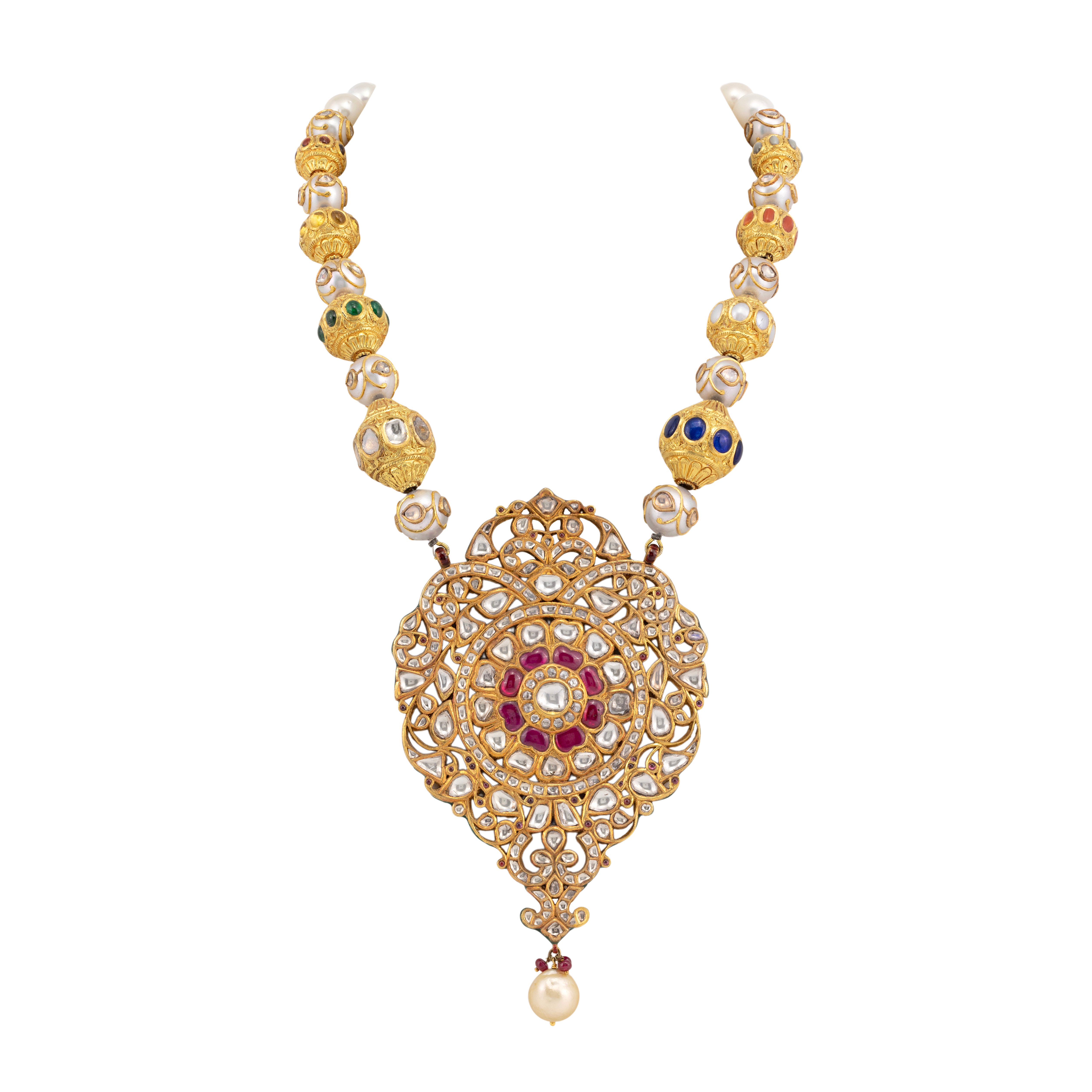 Traditional Polki Pendant Necklace with Multicolor Navratana Talaf